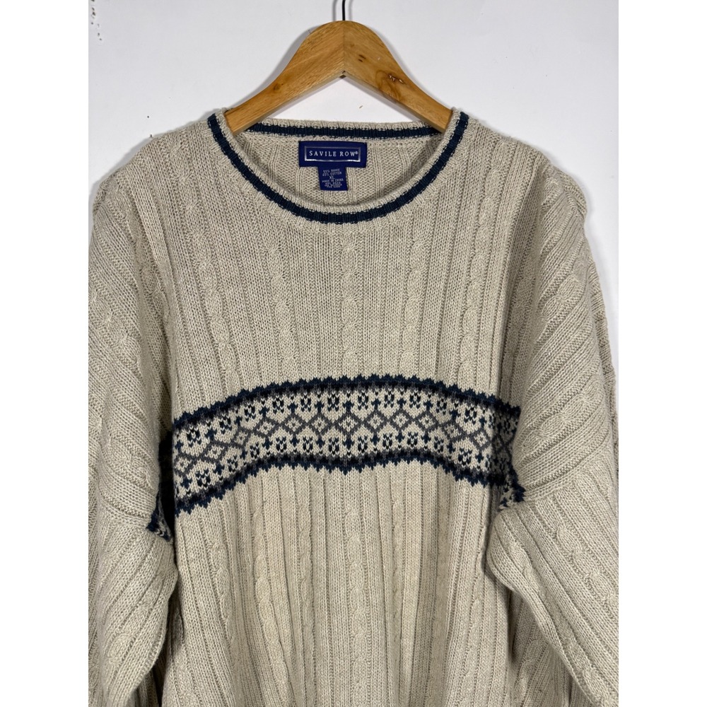Savile Row Mens XL Beige Navy Cable Knit Ramie Cotton Fair Isle Crew Sweater